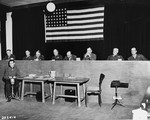 The eight American officers of the U.S. military tribunal at the trial of former camp personnel and prisoners from Buchenwald.