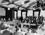 Former SS-Sturmbannfuehrer Friedrich Weitzel, the officer in charge of food and clothing distribution in the camp, testifies at the trial of former camp personnel and prisoners from Dachau.