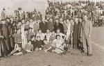 Group portrait of the soccer teams of the Landsberg and Foehrenwald displaced persons camps.
