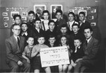 Group portrait of children in the Ghetto Fighters Hebrew school in Lodz after the war.