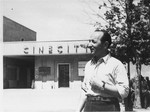 A Jewish DP poses at the entrance to the Cinecitta displaced persons camp in Rome.