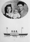Jewish New Year's card bearing the photo of a young couple and their child and a drawing of the illegal immigration ship, the President Warfield [later renamed the Exodus 1947].