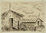 "Convalescent Barracks" by Lili Andrieux.  Sketch of wooden barracks with doors open, and electric utility pole with wires above doors.