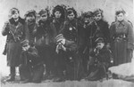 Group portrait of members of the Jewish partisan unit commanded by Yehiel Grynszpan in the Parczew Forest.