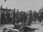 While on an inspection tour of the newly liberated Ohrdruf concentration camp, Generals Dwight Eisenhower, George Patton and Omar Bradley view the bodies of prisoners shot by SS during the evacuation of the camp.