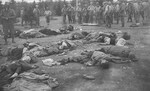 American soldiers view the corpses of prisoners that are strewn over the ground during an inspection of the newly liberated Ohrdruf concentration camp.