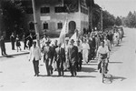 Jewish DPs reenact the death march from Dachau to Tyrol while marching in protest against British immigration policy to Palestine at the Mittenwald displaced persons camp.