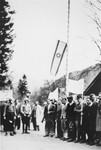 Jewish DPs commemorate the death march from Dachau to Tyrol while they hold a protest against British immigration policy to Palestine at the Mittenwald displaced persons camp.