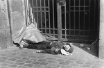 A man lies dead on the pavement at the entrance to a building in the Warsaw ghetto.