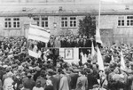 A large crowd rallies in a Zionist demonstration in the Zeilsheim displaced persons' camp.