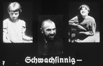 Propaganda slide featuring three portraits of mentally ill patients.