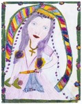 Child's drawing of a girl with long hair wearing a cross.