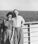 Lotte Altschul and Ismar Moskiewicz stand by the railing of the MS St.