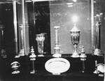 Display of synagogue silver from Berlin that was retrieved from an underground hiding place after World War II.