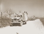 A convoy of Jewish Brigade trucks transports Jewish Brigade soldiers and artillery to the front line in Italy.
