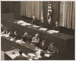 The judges of the Military Tribunal I during a session of the Medical Case (Doctors') Trial in Nuremberg.