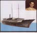 Model of the Struma with an overlay photo of Struma survivor, David Stoliar.