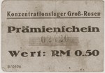 A .50 RM piece of scrip from the Gross Rosen concentration camp that was given to Hanka Granek during her imprisonment at the Peterswaldau sub-camp of Gross Rosen.