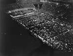 View from above of a mass meeting in Madison Square Garden to protest the Nazi persecution of German Jews.