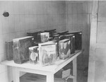 View of preserved human organs removed from prisoners during medical experiments conducted in Buchenwald concentration camp.