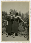 Ida and Lottie Cohn pose in front of a metal fence.