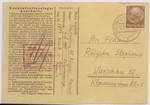 Address side of a postcard sent by a Polish prisoner in Auschwitz, Kasimir Rozycki, to his wife, Stephania in Warsaw.