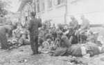 Jews assemble in the courtyard of police headquarters during the Iasi pogrom.