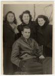 Group portrait of Jewish survivors from Bitola.

Among those pictured are Jozef Kamhi, first and last president of the postwar Jewish Community of Monastir 1945 -1948 (front); and (left to right) Luna Ishah, Zhivka (surname unknown) and Jamila Kolonomos.