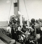 Jewish refugees stand on the deck of a Haganah ship en route to Palestine.