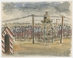 Watercolor by Julian Feingold of an unidentified concentration camp.