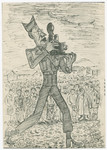 Cartoon sketch by Julian Feingold of a US Army photographer with a crowd of survivors in the background.