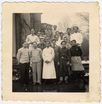 Young men at Rabbi Stern's children's home wearing the work clothes of the trades they were learning.
