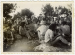 New settlers in Kibbutz Yiftach eat their first lunch outside after the establishment of the kibbutz since the dining room had still not been built.