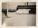 View of a barrack plastered with anti-Nazi signs in the Buchenwald camp, taken in June 1945.