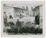 Survivors gather and relax on the grounds of the Dachau concentration camp after liberation.