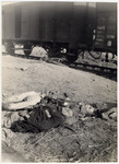Two corpses [possible of SS men] lie next to a train in either Dachau or Woebbelin concentration camp.