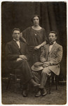 Studio portrait of three cousins.

Pictured are Morris Bereshkovsky bottom left, his sister Sara Bereshkovsky and their cousin, Yosel Frieden.