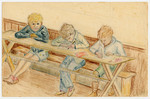 Color child's drawing of three boys doing their schoolwork around a wooden table in Chateau de la Hille.