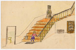 Color child's drawing of a girl scrubbing the steps of Chateau de la Hille.