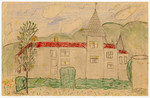Color child's drawing of an exterior view of Chateau de la Hille.