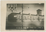 Commemorative postcard with a drawing of barrack 11 of Bergen-Belsen and marking the time the people on the Kasztner Train spent in the camp.