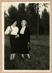 Margot Feigenbaum chats with her mother-in-law Clara in a park in Belgium.