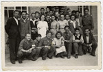 Group portrait of Jewish DPs and American Jewish soldiers at a displaced persons camp in Salzburg.