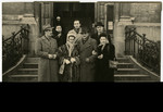 Group portrait of Belgian Zionists after the war standing on the steps of a building.