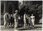 Students at the Mediterranean School in Recco, Italy line up outside on the grounds of the school.
