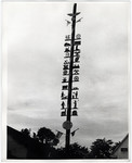 View of a maypole used as a part of the Harvest Festival and decorated with Nazi symbols.