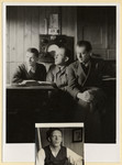 Portrait of three Czech political prisoners inside an office in the Dachau concentration camp.