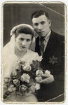 A wedding portrait of a couple from Lazy, wearing a yellow star.