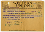 Telegram written by Rabbi Kalmanowitz, head of the Mir Yeshiva, to his student Jankiel Rabinowitz stating he is allowed to come to New York to apply for immigration permit.