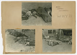 Photographs of the corpses of men, women and children pasted into a photograph album titled "Buchenwald/or a Glance at German "Kultur"" by Murray Bucher.